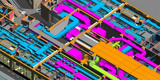 MEP engineering floor plan showing building layout and mechanical, electrical, and plumbing systems