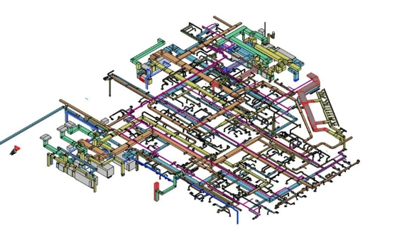 3D MEP coordination model showing ductwork, piping, cable trays, and building service systems