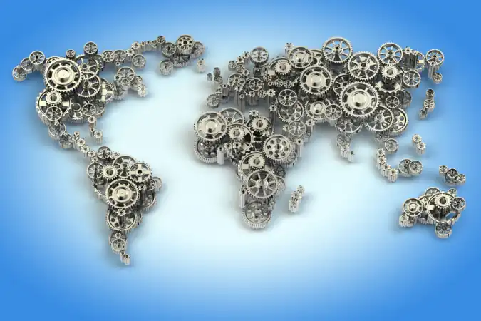 Global logistics network transporting precision machine components across international supply chains