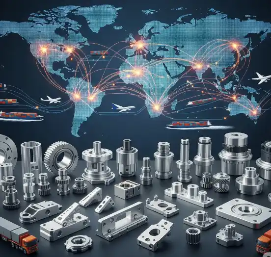 Global supply chain of precision machine parts with worldwide logistics, shipping, and air freight networks