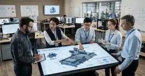 Engineering team collaborating on 3D machine design in an offshore development center