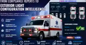 Ambulance exterior lighting configuration system showing standardized emergency lights and compliance status