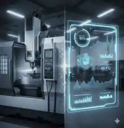 CNC machining center with digital dashboard showing machine efficiency and production data